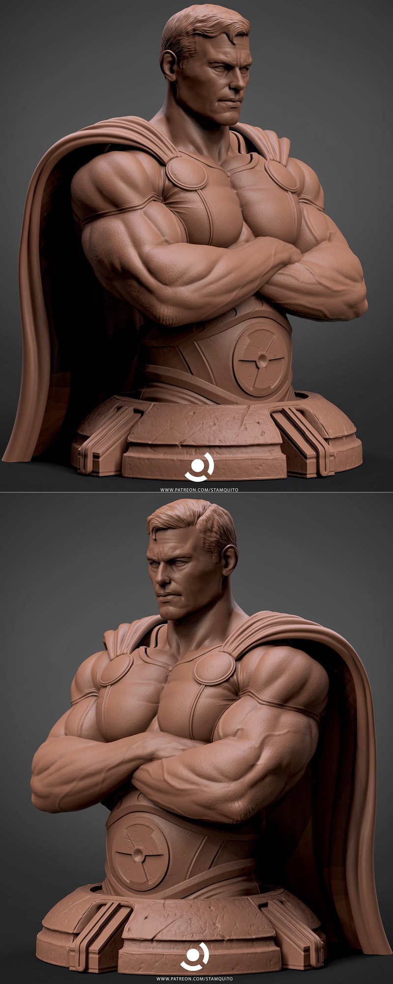 Stayln Quitto 3D model bust of Superman, arms crossed, muscular physique, wearing cape and stylized belt emblem.