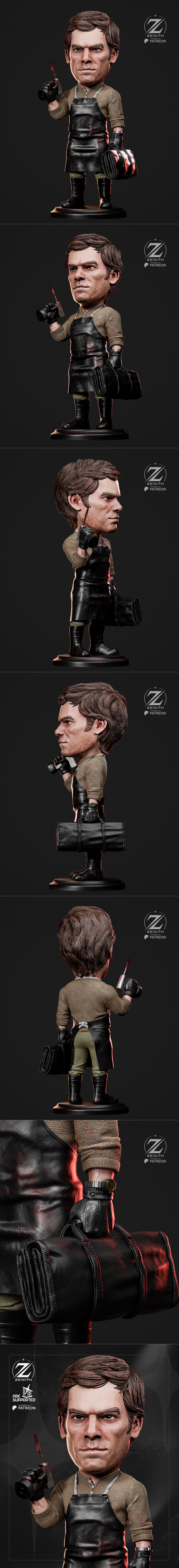 Chibi Dexter Morgan 3D model from Zenith Studios, holding a bloody knife and a rolled bag, wearing a leather apron ov...