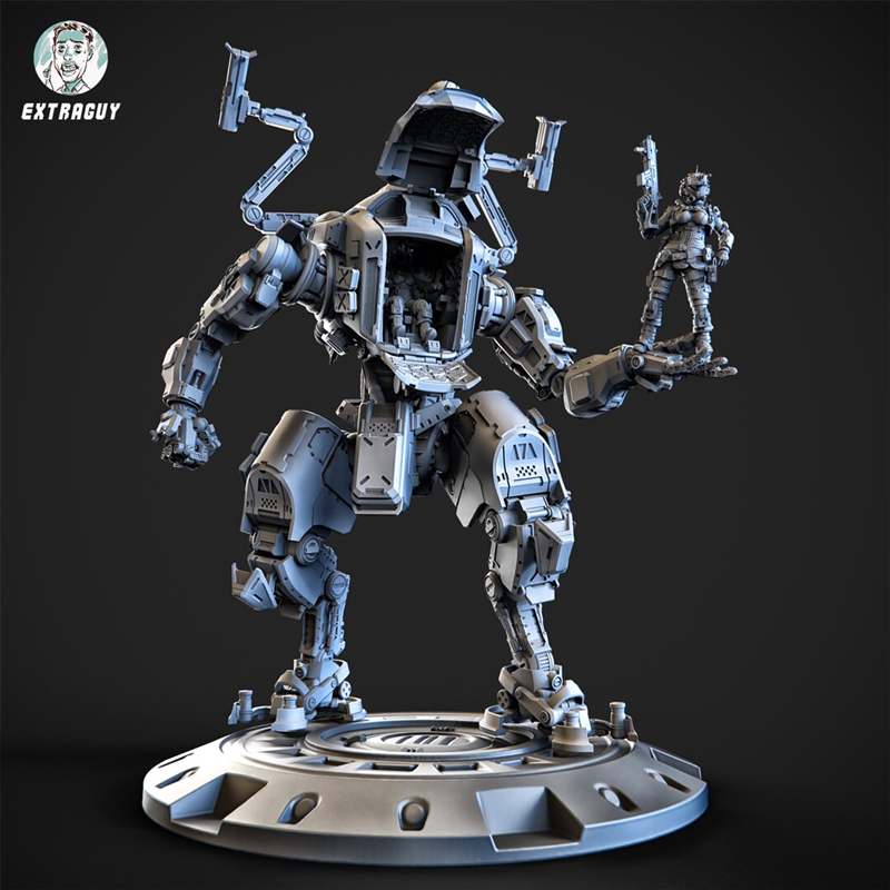Detailed 3D model of a large mech with an open cockpit and a separate soldier figure holding a rifle. Sci-fi, futuris...