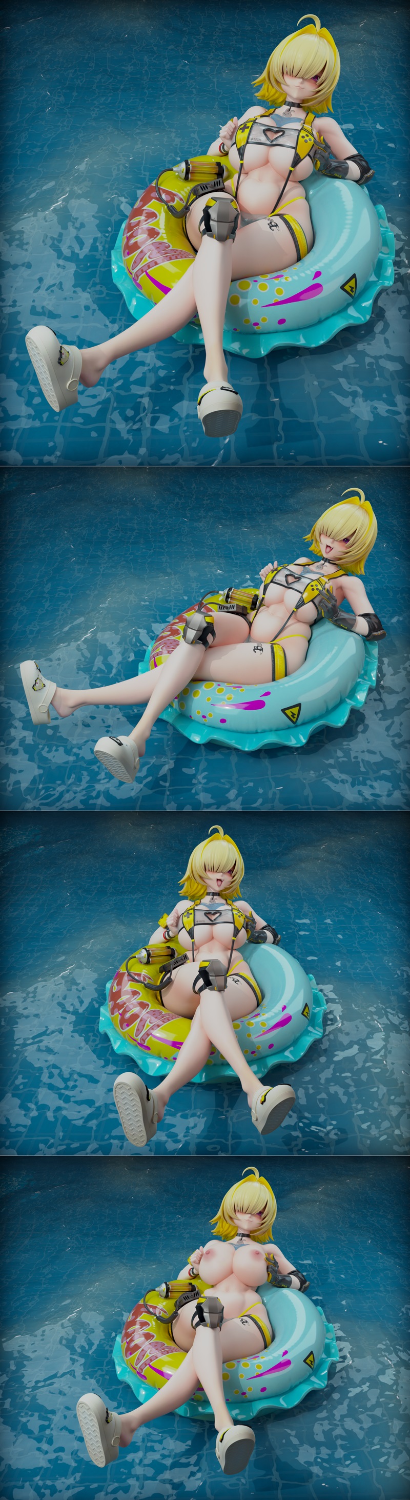 Elegg from Nikke character figure sitting on a blue inflatable ring with yellow accents, wearing a yellow bikini and...