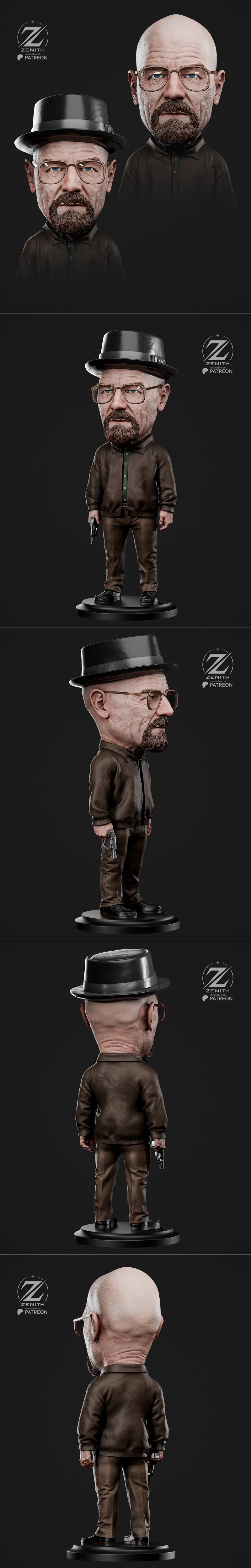 Chibi 3D model of Walter White from Breaking Bad, wearing a black hat, glasses, and a brown jacket over a green shirt...
