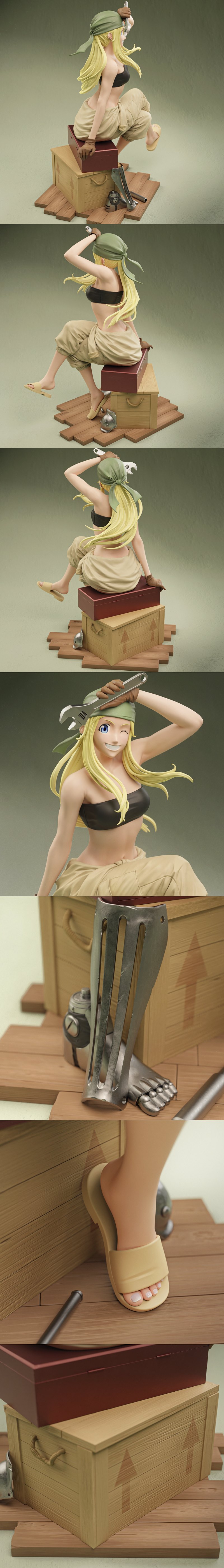 3D model of Winry Rockbell from Fullmetal Alchemist, sitting on toolboxes with a wrench above her head, wearing a gre...