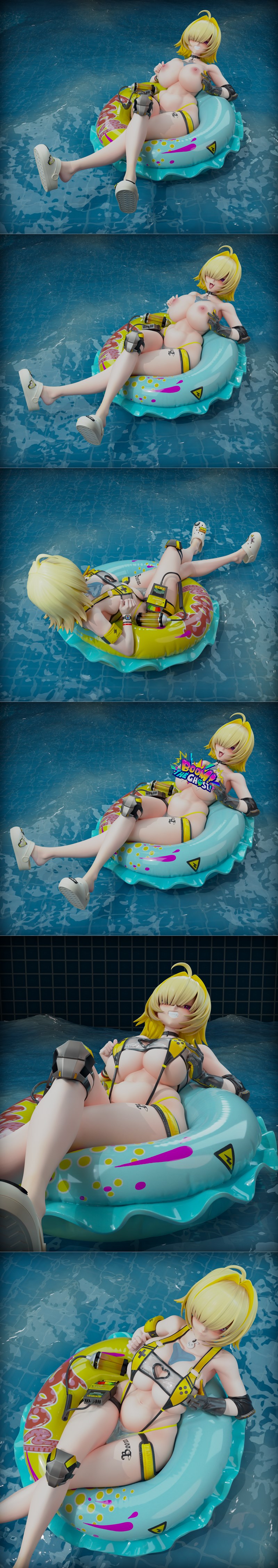 Elegg from Nikke character figure sitting on a blue inflatable ring with yellow accents, wearing a yellow bikini and...