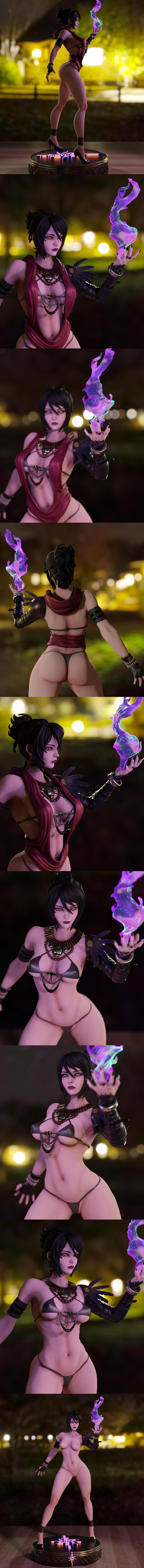 Morrigan from Dragon Age, a female sorceress figure by Momoji, stands with a magical aura in her left hand, wearing a...