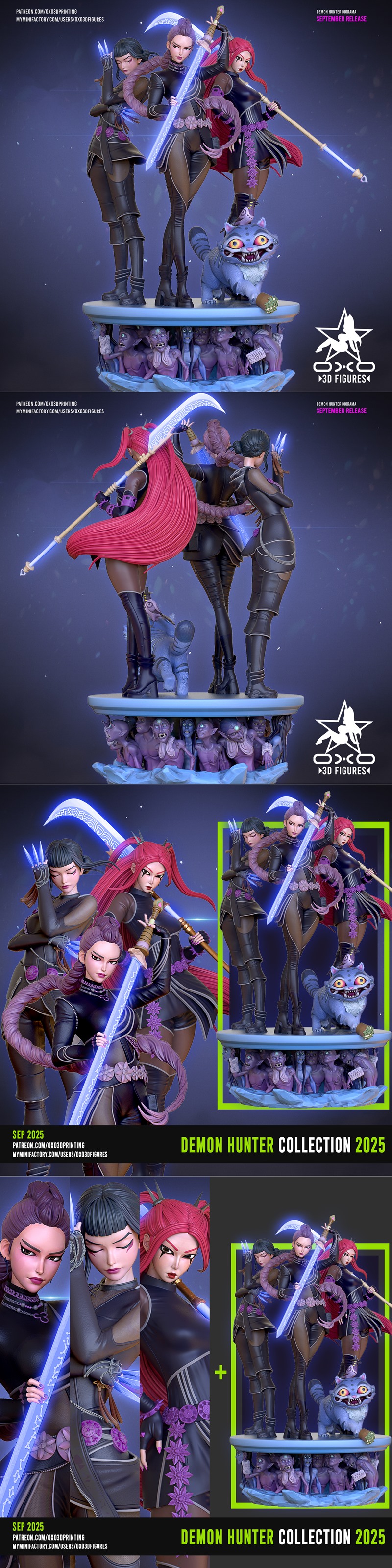 Three female demon hunters, Rumi, Mira, and Zoey, stand on a diorama base filled with monstrous figures. Mira holds a...