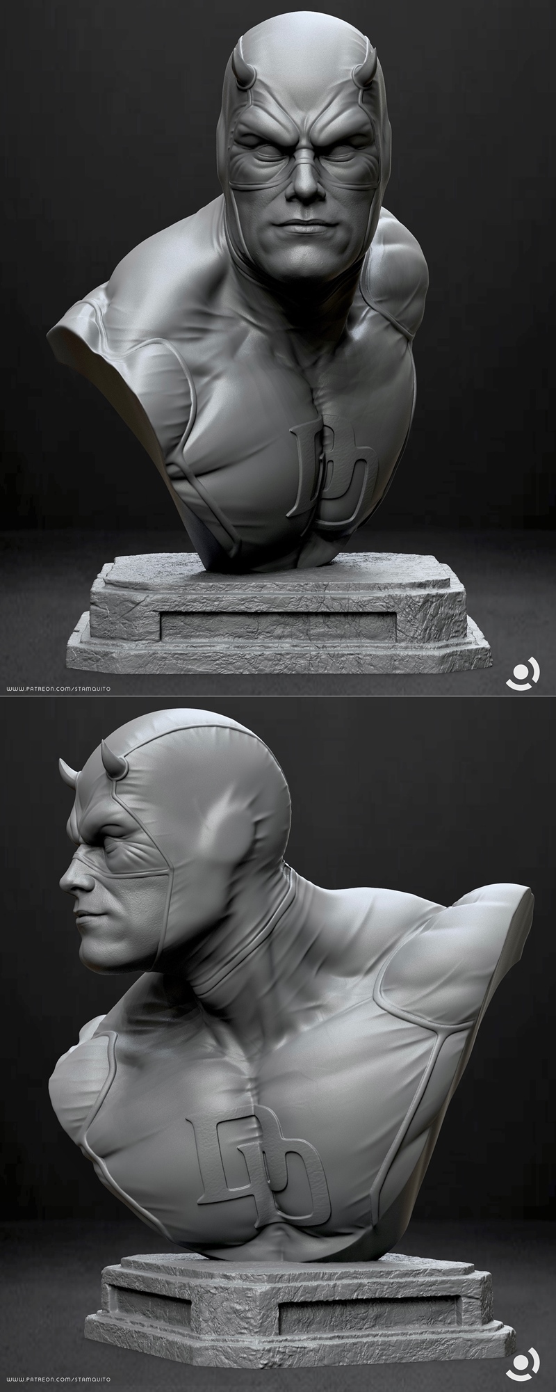 3D printable bust of Daredevil in a red suit with horns and mask, glowing red eyes, and a DD emblem on the chest, dis...