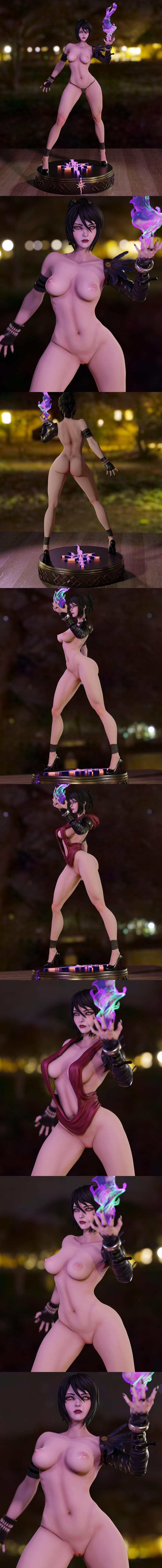 Morrigan from Dragon Age, a female sorceress figure by Momoji, stands with a magical aura in her left hand, wearing a...