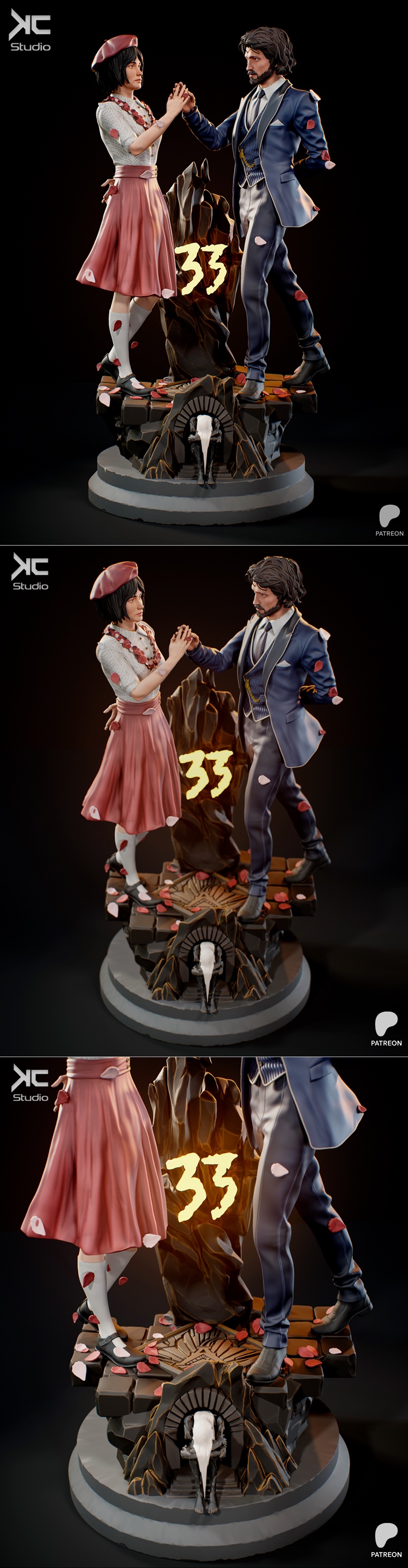 Couple dancing, man in dark blue suit, woman in pink skirt and beret, rose petals scattered around, central rock with...