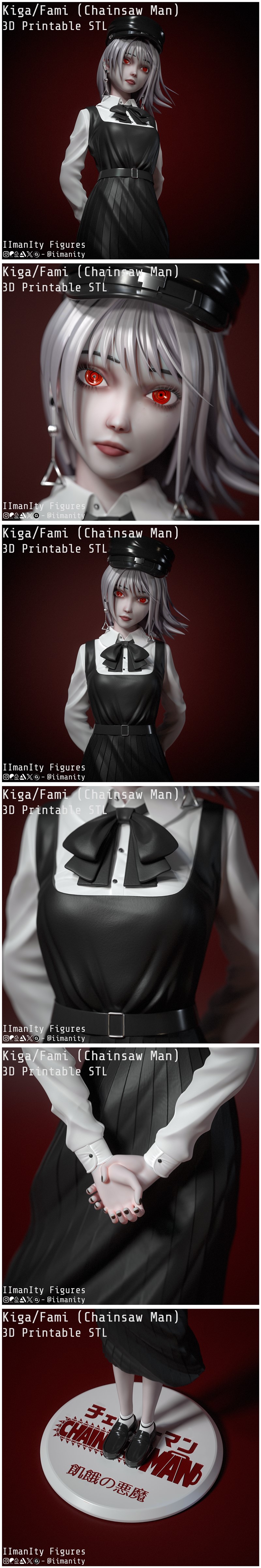 3D printable STL figure of Fami from Chainsaw Man, wearing a black pinafore dress, white blouse, and cap. She has red...