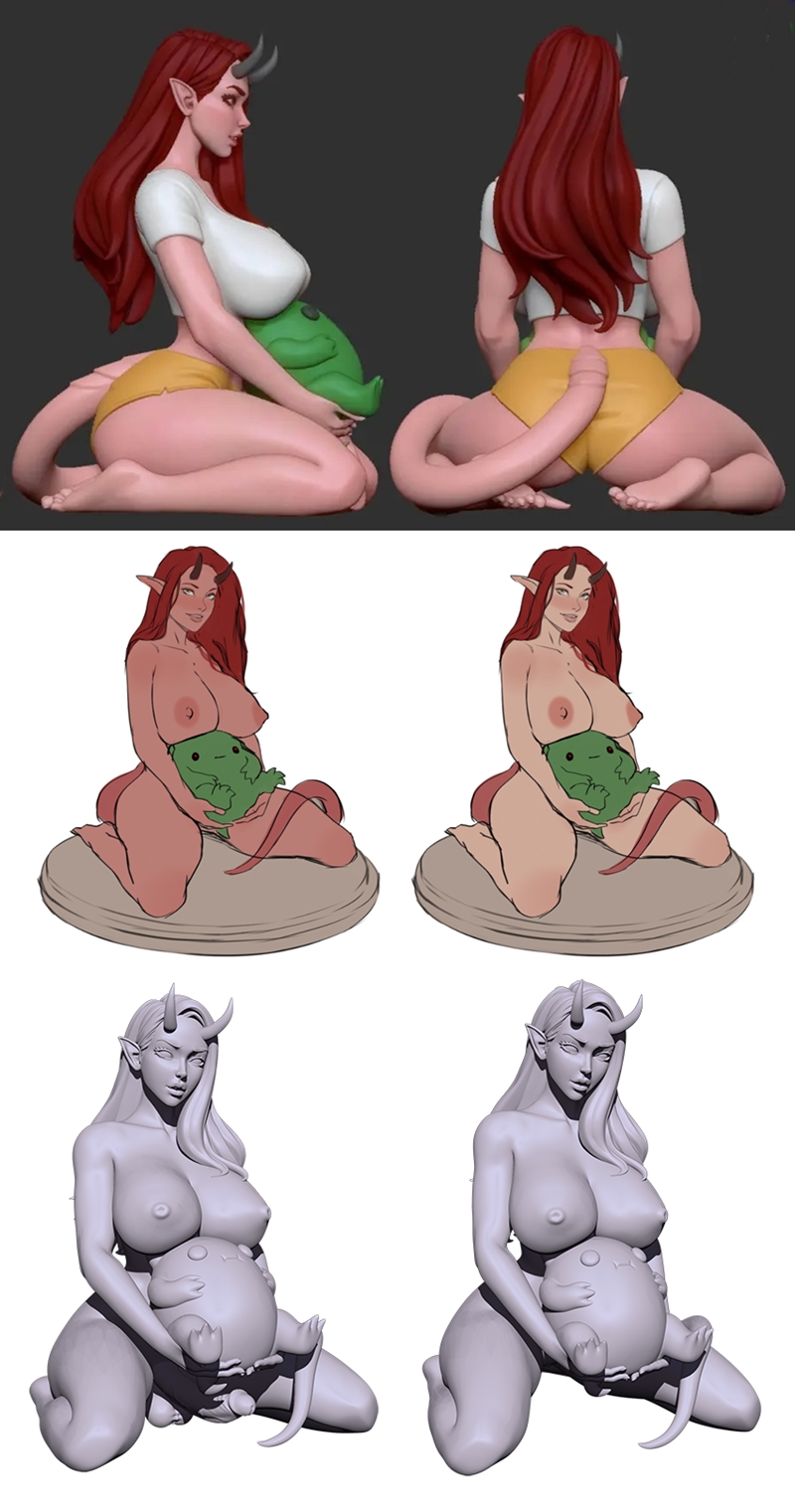 3D model of a red-haired demoness with horns and a tail, wearing a white crop top and yellow shorts, holding a large...