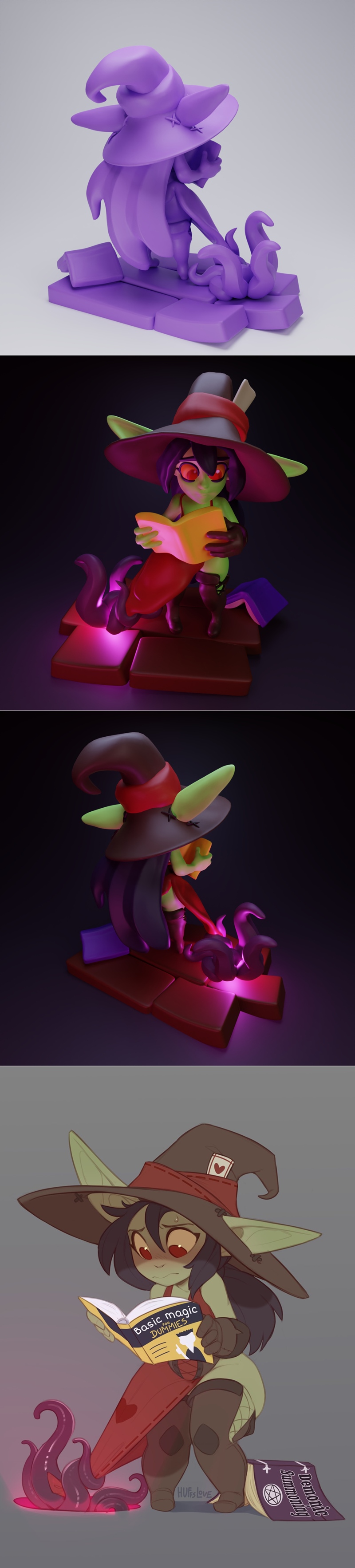 3D model of a purple Goblin Witch figure reading a spellbook, with tentacles emerging from its base. Text reads 'Gobl...
