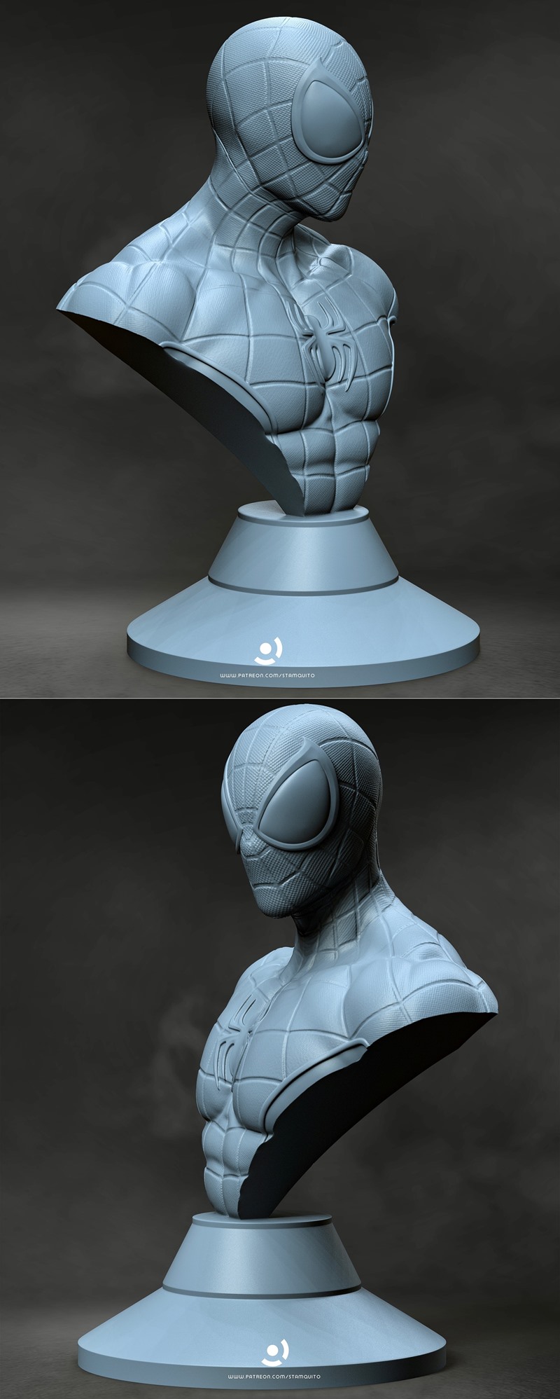 Spiderman bust 3D model by Stalyn Quito, featuring a detailed web pattern suit and iconic mask, displayed on a circul...