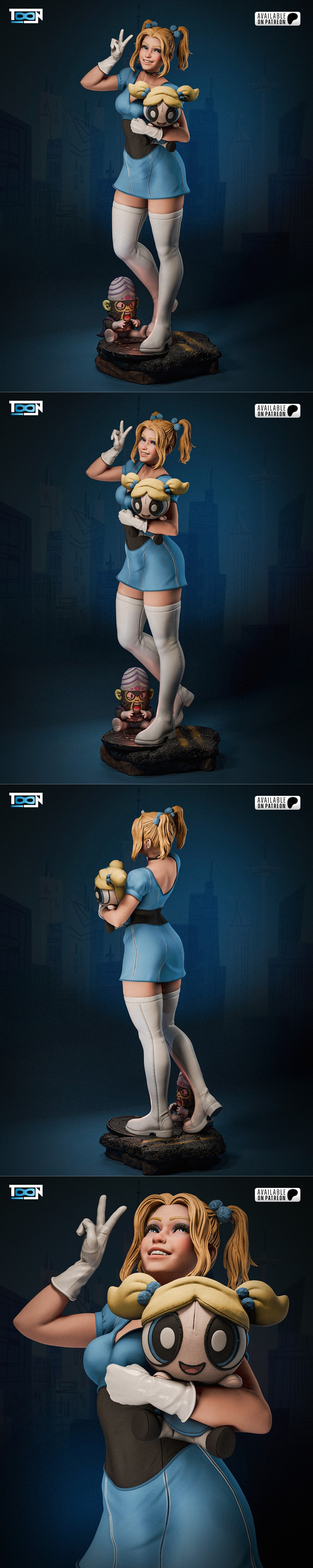 3D model of teenage Bubbles from The Powerpuff Girls, holding a plush toy of her younger self, making a peace sign.