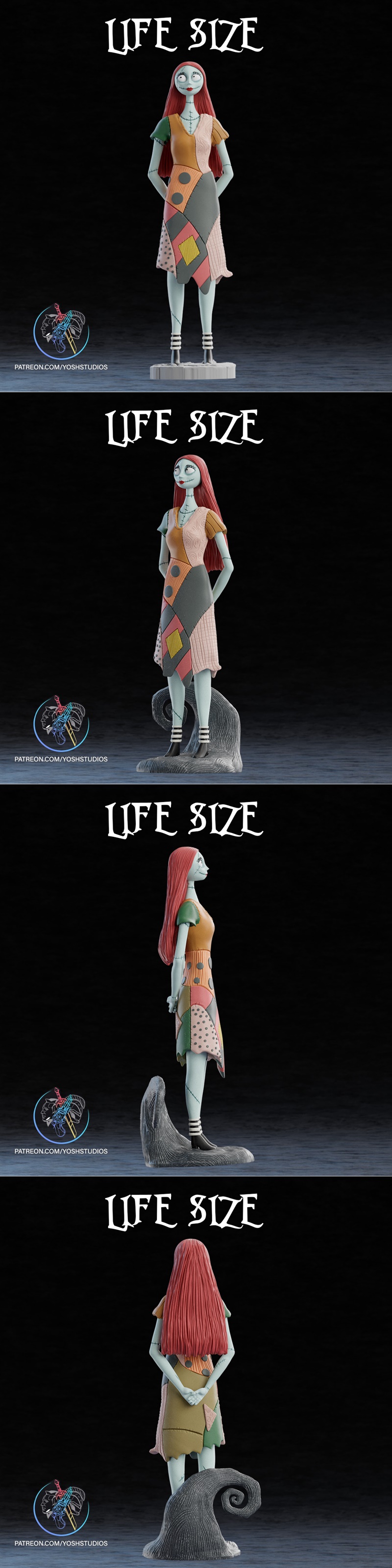 Life Size Sally figure from Nightmare Before Christmas, standing with hands behind back, wearing a patchwork dress an...
