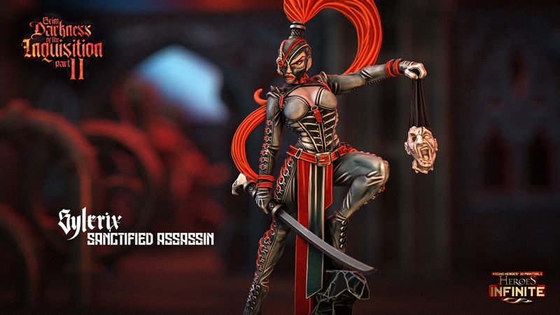 Sanctified Assassin 3D model by Sylerix, holding a severed head and katana, wearing dark armor and a mask, with a red...