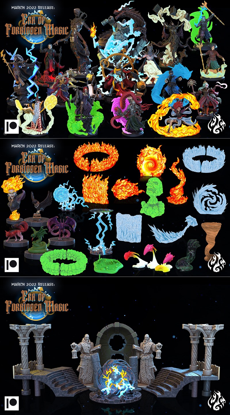 Collection of fantasy 3D printable miniatures from Crippled God Foundry's 'Era of Forbidden Magic' release, featuring...