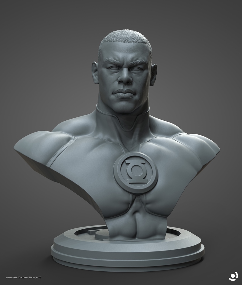 3D printable bust of Green Lantern by Stayln Quitto, featuring the character's determined face and chest emblem on a...