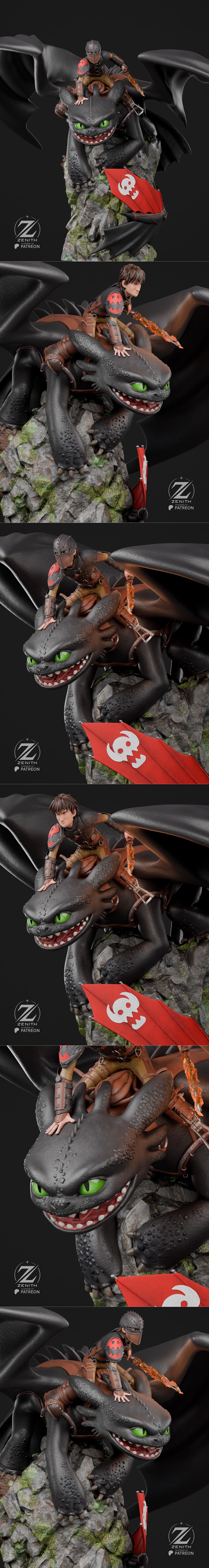 Hiccup riding Toothless, a black dragon with green eyes, perched on a rocky base. Hiccup wears brown and black armor,...