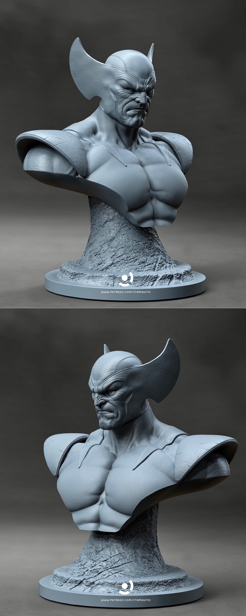 Stalyn Quito's 3D model bust of Wolverine, featuring a muscular chest, fierce facial expression, and iconic mask with...