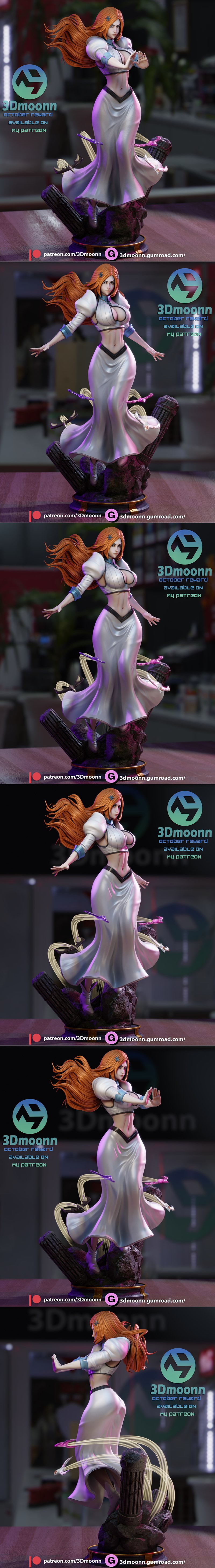 3Dmoonn 3D printable model of Orihime from Bleach, with long orange hair and a flowing white dress, hands held in a d...