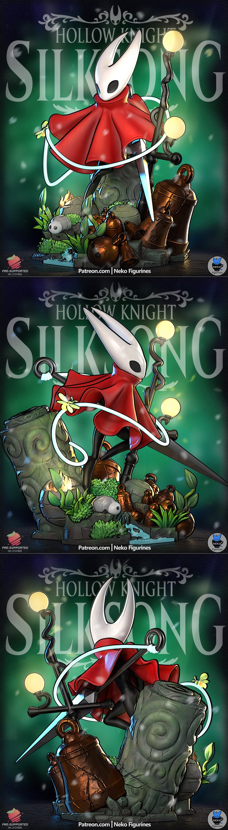 Hornet from Hollow Knight: Silksong in a dynamic pose, holding her needle weapon, standing on an elaborate diorama ba...