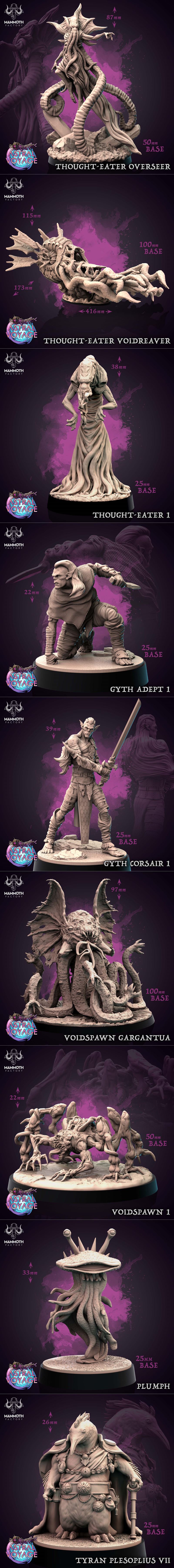 Collection of fantasy and horror miniatures for 3D printing, including eldritch creatures with tentacles, warriors, a...