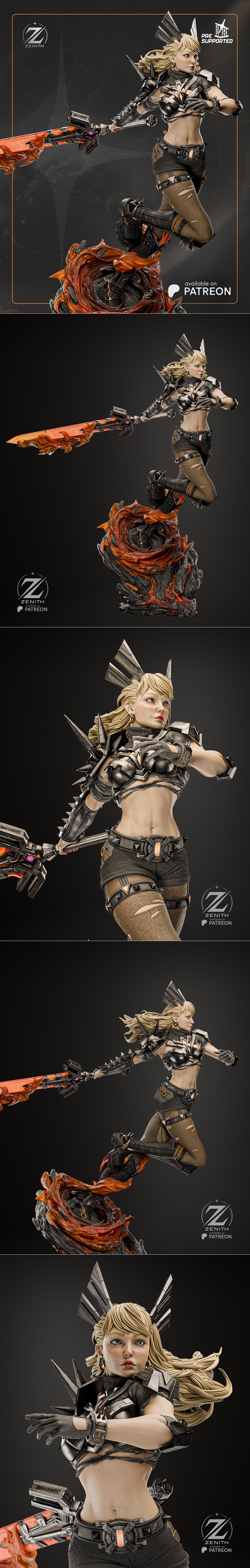 Magik figure in dynamic mid-air pose, wearing dark armor, ripped shorts, and spiked boots, holding a glowing weapon....