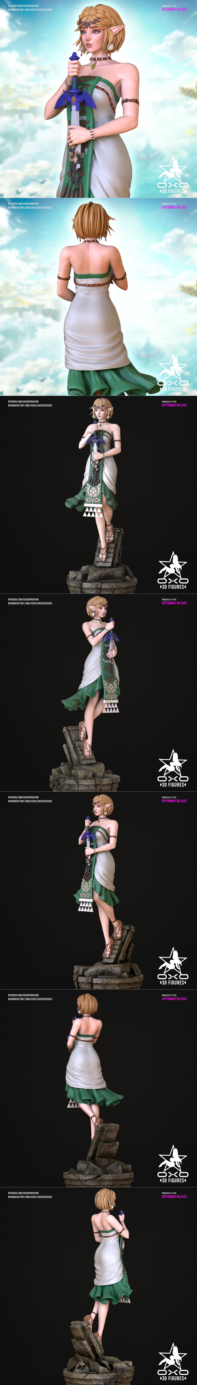 Princess Zelda from Tears of the Kingdom holding the Master Sword, wearing a green and white dress and elven tiara. 3...