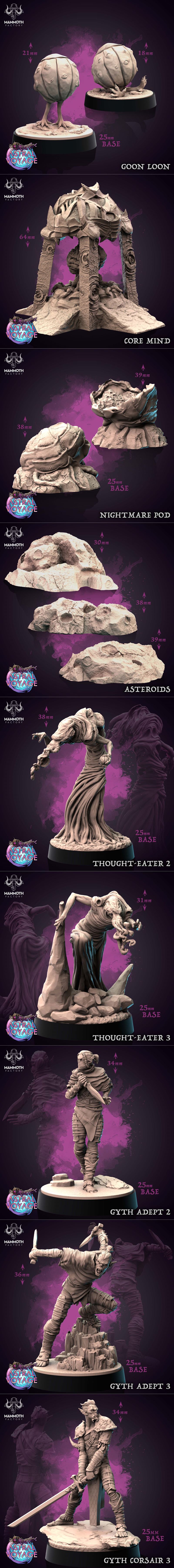 Collection of fantasy and horror miniatures for 3D printing, including eldritch creatures with tentacles, warriors, a...