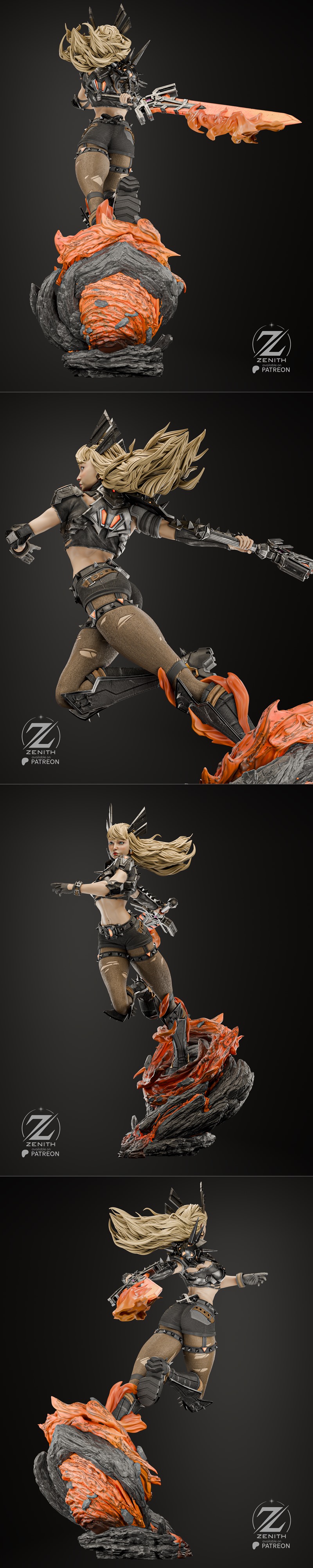 Magik figure in dynamic mid-air pose, wearing dark armor, ripped shorts, and spiked boots, holding a glowing weapon....