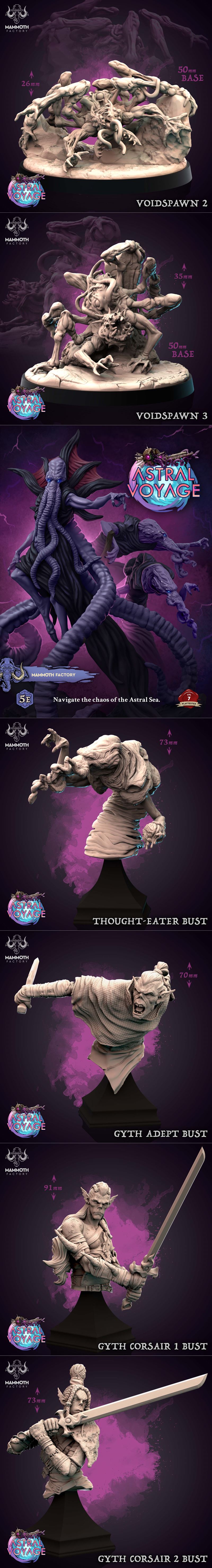 Collection of fantasy and horror miniatures for 3D printing, including eldritch creatures with tentacles, warriors, a...
