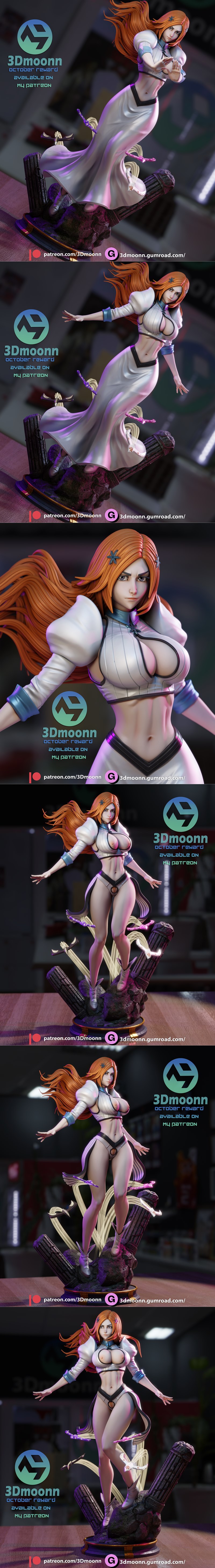 3Dmoonn 3D printable model of Orihime from Bleach, with long orange hair and a flowing white dress, hands held in a d...