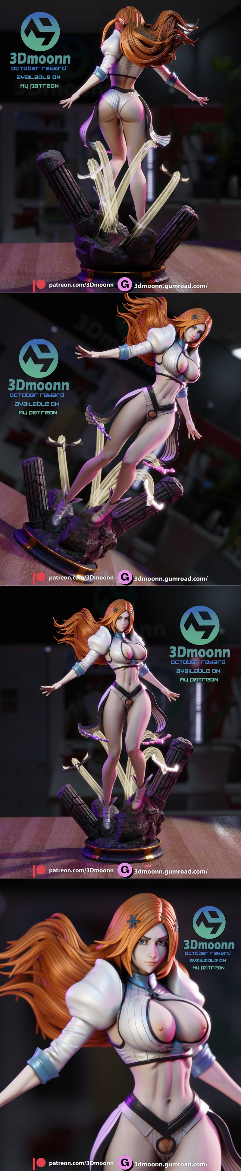 3Dmoonn 3D printable model of Orihime from Bleach, with long orange hair and a flowing white dress, hands held in a d...