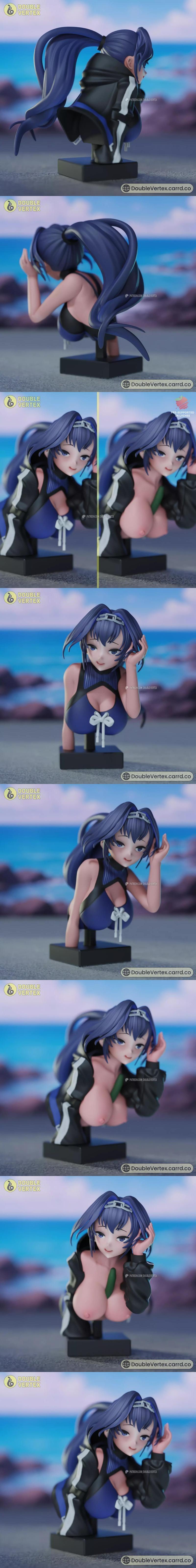 Double Vertex 3D printable bust of Ouro Kronii from Hololive, wearing a blue summer outfit with a black jacket, leani...