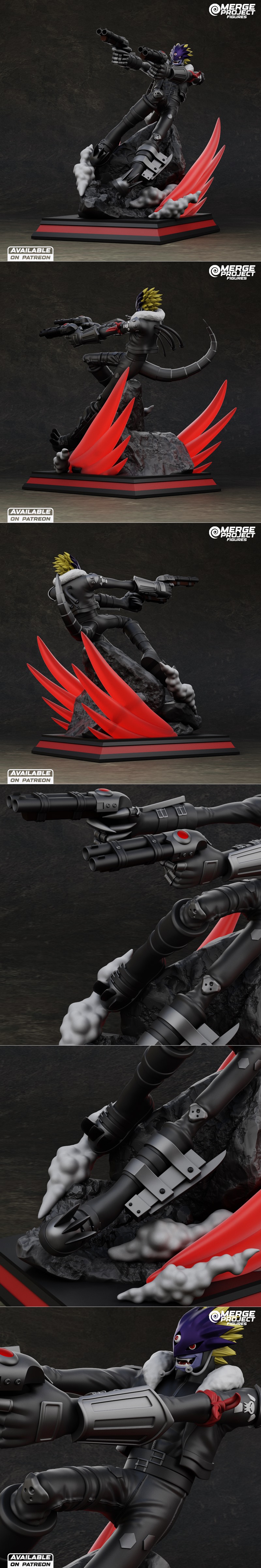 Beelzemon 3D model figure in a dynamic action pose, dual-wielding guns with red energy wings and smoke effects on the...