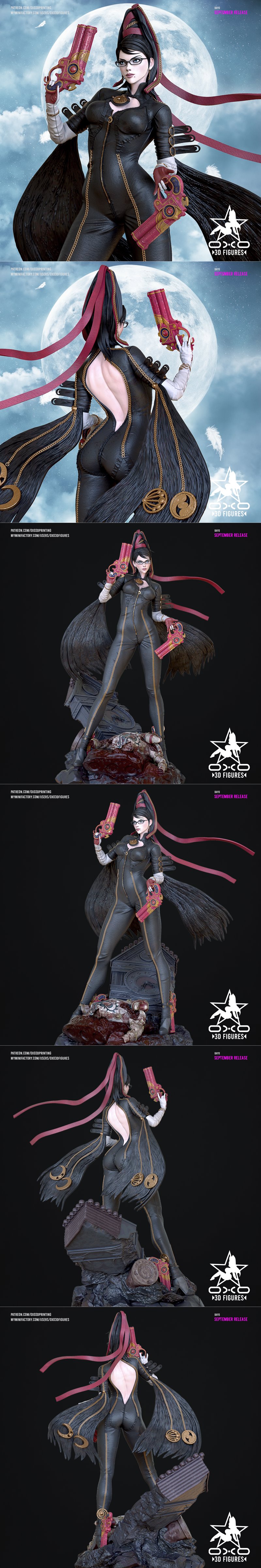 Bayonetta figure in a black catsuit holding dual pistols, with a large moon in the background. OXO3D Figures logo vis...