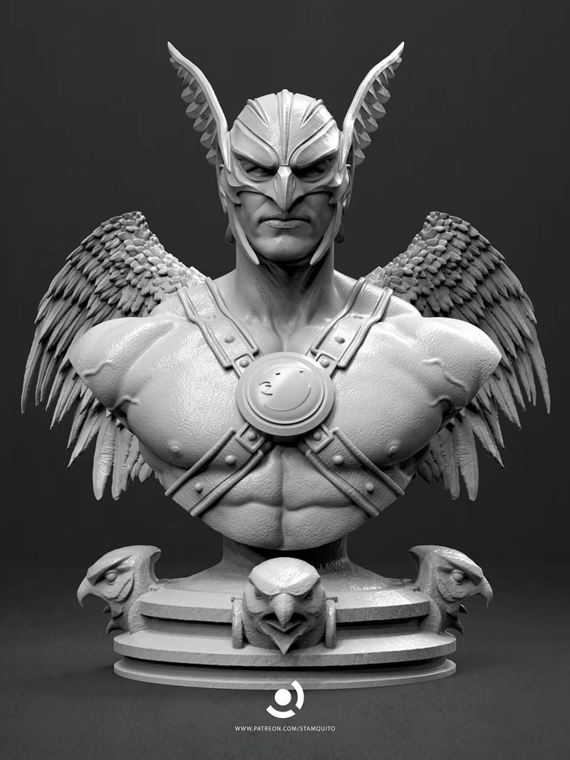 Stalyn Quito's Hawkman bust 3D model, featuring a winged helmet, muscular chest, and avian-themed base.