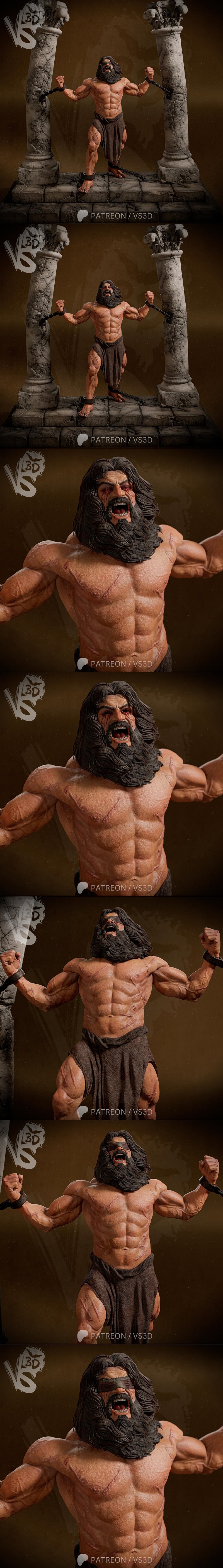 Muscular Samson figure with blindfold and chains, arms raised in defiance, wearing a torn loincloth. Scars cover his...