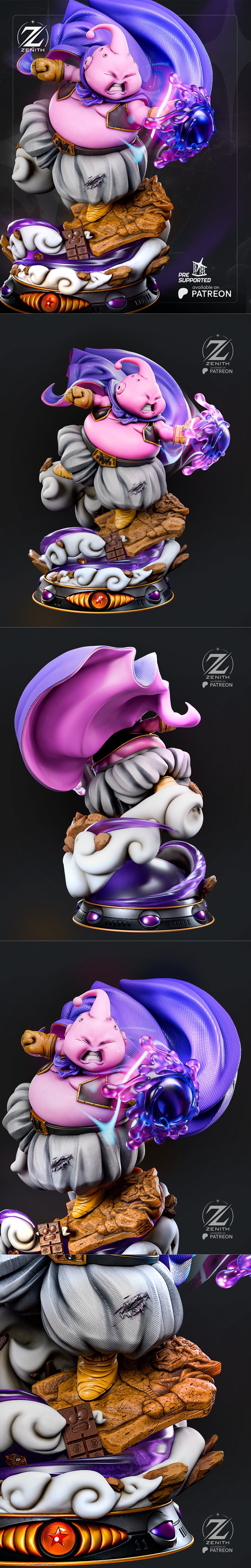 Majin Boo figure from Dragon Ball unleashing a blue energy blast, wearing a purple cape and white attire, sculpted by...
