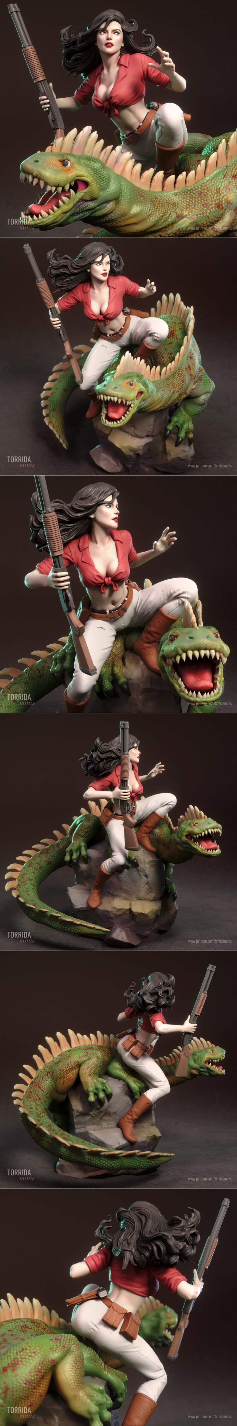 Hannah Dundee figure riding a green dinosaur, holding a shotgun. She wears a red tied shirt and white pants. The dino...