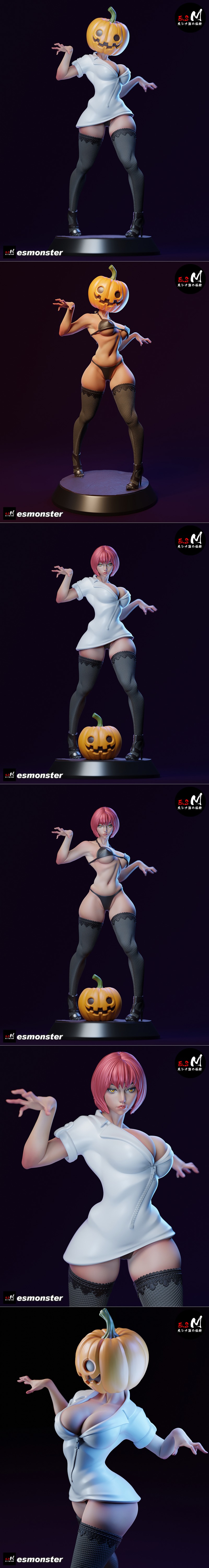 3D model of Lady Pumpkin, a figure with a jack-o'-lantern head wearing a revealing white nurse outfit and fishnet sto...