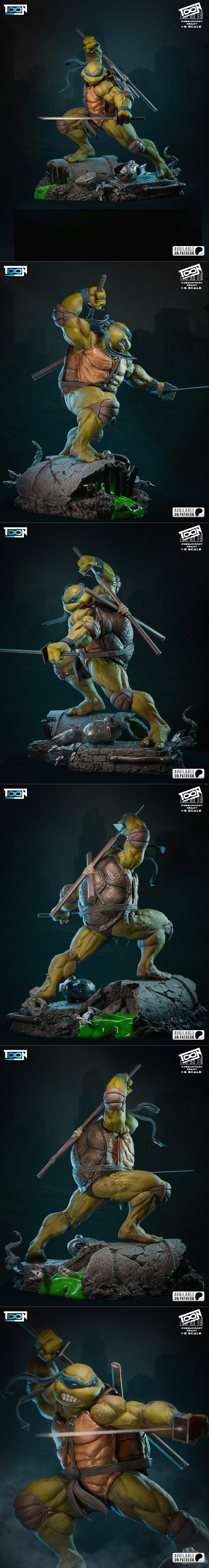 Leo, the blue-masked ninja turtle from Teenage Mutant Ninja Turtles, in a 1:6 scale 3D model. He is in a dynamic comb...