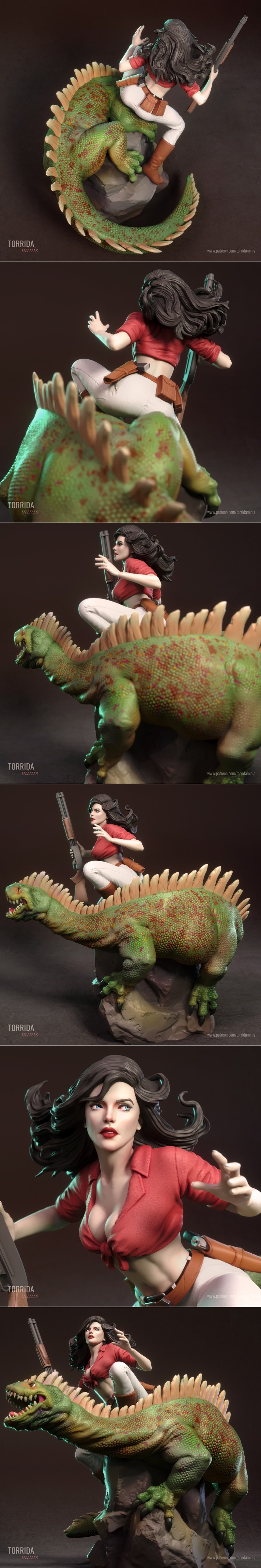 Hannah Dundee figure riding a green dinosaur, holding a shotgun. She wears a red tied shirt and white pants. The dino...