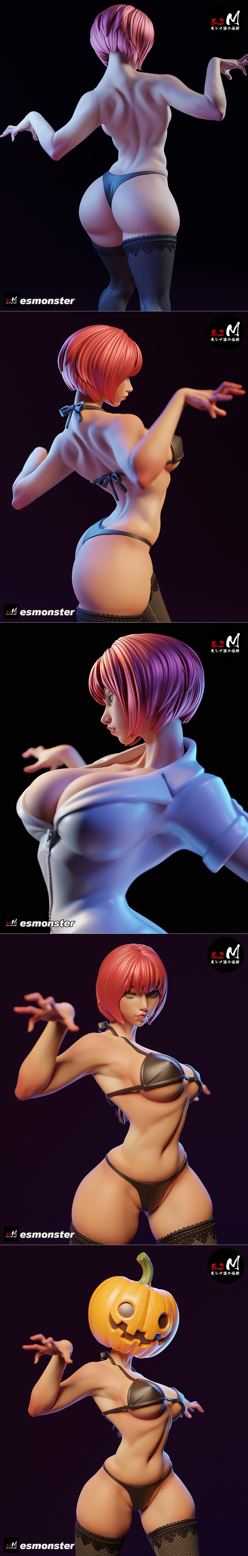 3D model of Lady Pumpkin, a figure with a jack-o'-lantern head wearing a revealing white nurse outfit and fishnet sto...