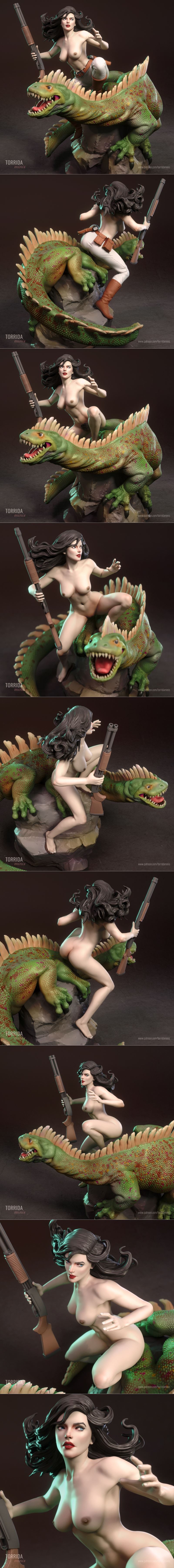 Hannah Dundee figure riding a green dinosaur, holding a shotgun. She wears a red tied shirt and white pants. The dino...