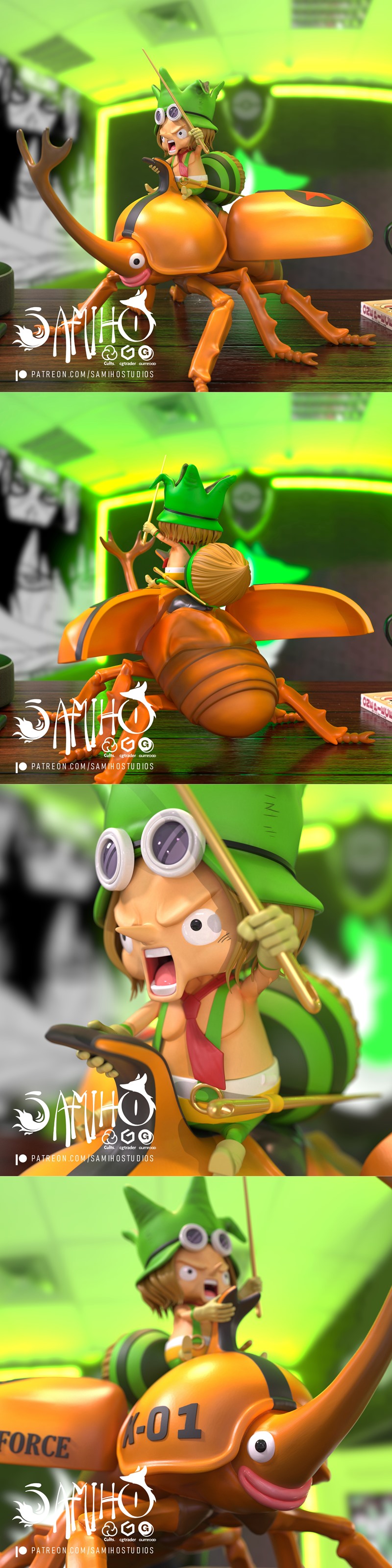 Tontatta Leo character with green hat and goggles riding a large orange beetle with black stripes. Beetle has "T...