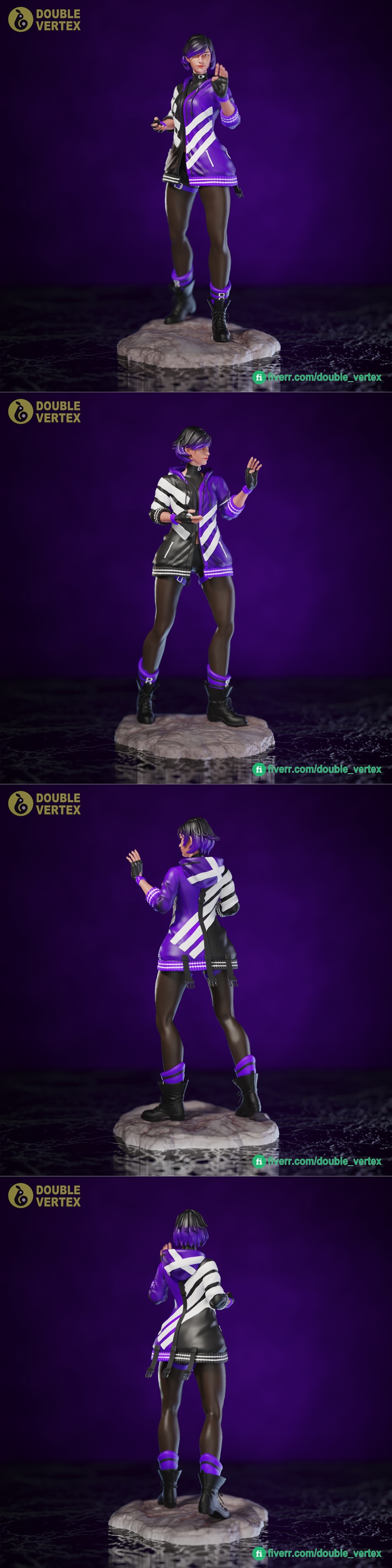 3D model of Reina Mishima from Tekken 8, wearing a purple and black jacket with white stripes, black gloves, and stri...