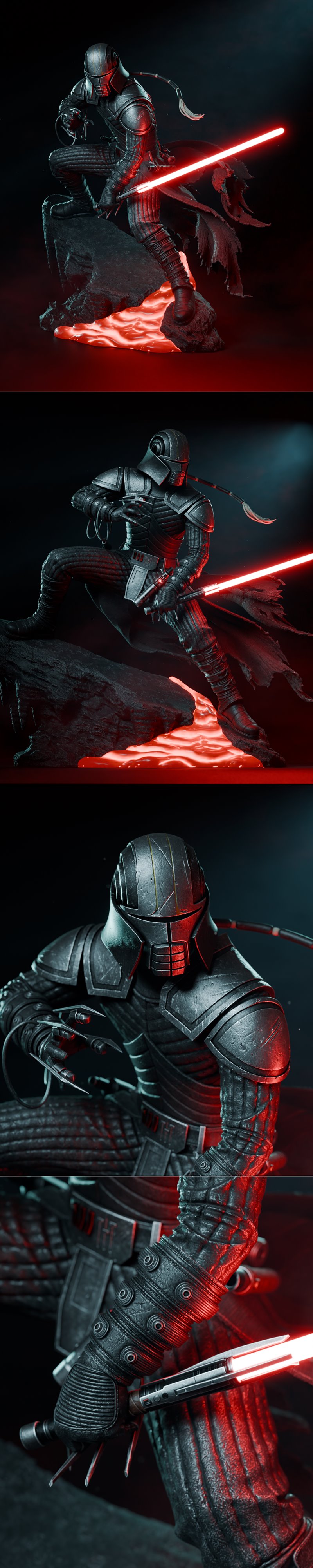 Starkiller figure in dark armor, crouching with a red lightsaber, CA 3D Studios 3D model.