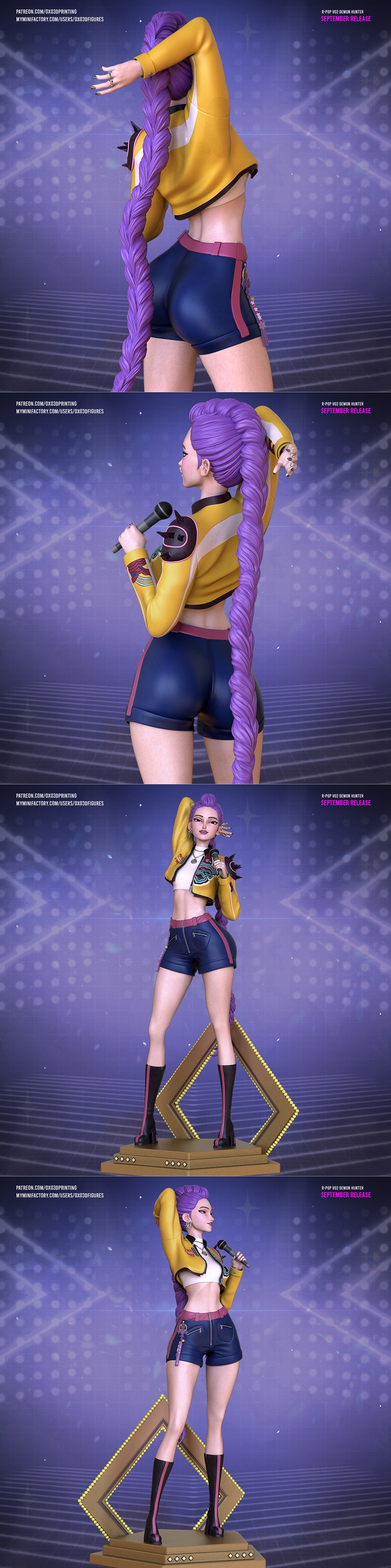 3D model figure of Rumi, a K-pop demon hunter, holding a microphone. She wears a yellow jacket, white crop top, and b...
