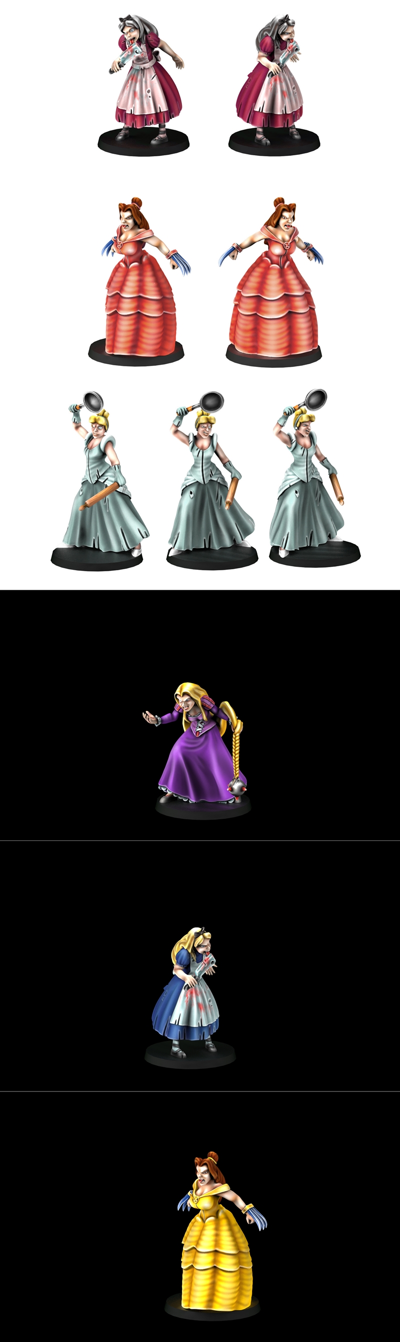 Group of nine menacing Disney-inspired princess figures from Cross Lances, armed with knives, a chainsaw, a frying pa...
